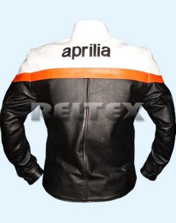 Aprilia Classic RS Orange Black White Motorcycle Cowhide Leather Jacket Any Size
