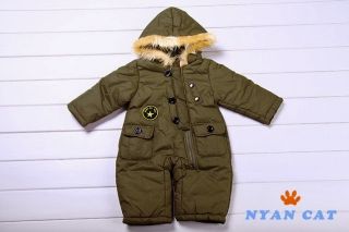 Winter Baby Boys Snow Suit Romper w Fur Hooded Army Green 0 6 12 18