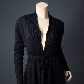 Black Sweater Knit Wrap Open Tie Front Long Duster Cardigan Jacket L Size