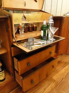 Antique Bar Pop Open Art Deco Martini Wine Liquor Cabinet Singed Mirrors Old