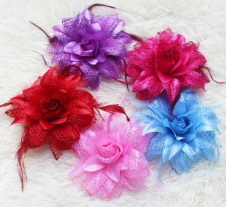Dark Pink Feather Silk Screen Flower Clip Hair Bow Headband Baby Girl Decoration