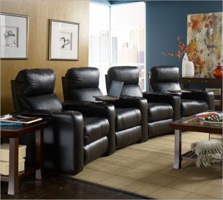 Lane Home Theater Seating Black Leather Power Recline Lighted Cupholders New