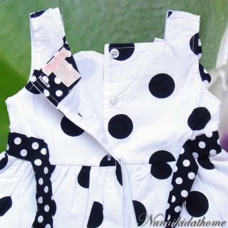 White Black Polka Dot Flowre Baby Girls Dress Short Set Size 12 24 Months