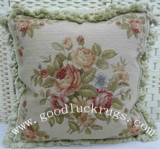 18" Floral Roses Wool French Tapestry Wool Needlepoint Decorative Pillow Cushion