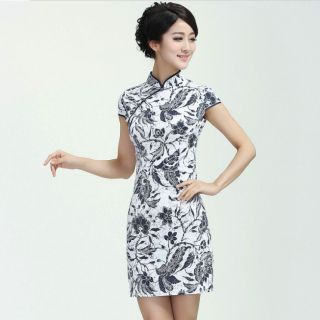 Fashion Chinese Women's Linen Mini Dress Cheongsam White Sz s M L XL XXL