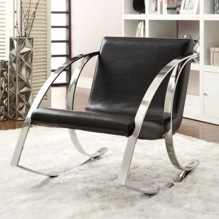 Black Leather Like Vinyl Modern Rocking Chair w Curvaceous Chrome Arms Legs
