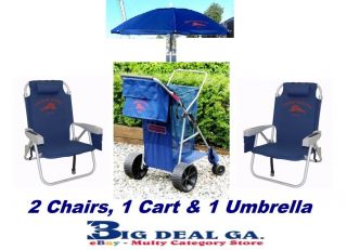 2 Tommy Bahama Backpack Cooler Beach Chairs Blue 1 Cart 7' Umbrella