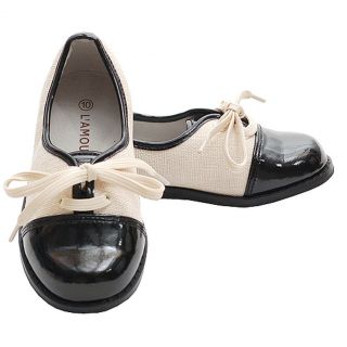 Toddler Girl 8 Ivory Black Patent Toe Tie Bow Dress Shoe