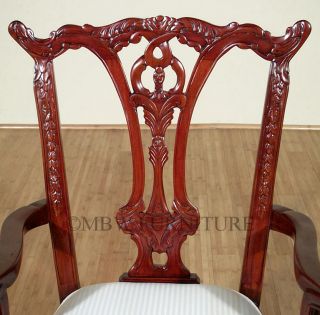 Solid Mahogany Cherry Finish Chippendale Cream Striped Dining Chairs 8 PCH001C