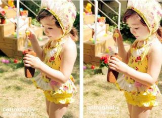 Cherry Print Retro 2 PC Vintage Style Toddler Girls Swimsuit Swim Cap Yellow