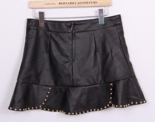 Woman Girl New Autumn Trendy Rivet Sexy Black PU Leather Like Mini Skirt Dress