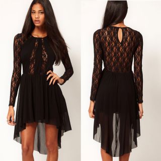 Womens See Through Long Sleeve Splicing Lace Cocktail Party Irregular Mini Dress
