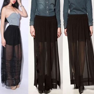 Vintage Vogue Sexy Elegant Black Sheer Maxi See Through Chiffon Long Full Skirt