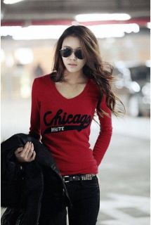 Womens Korea Fashion V Neck Chicago Letter Print Long Sleeve T Shirt Red E737