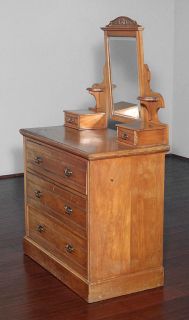 Antique Golden Walnut Chest Dresser Vanity w Mirror T72A