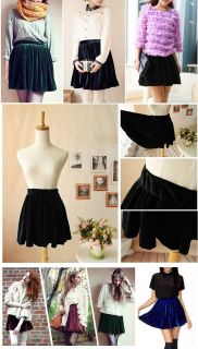Vintage High Waist Soft Velvet Skater Pleated Elastic Skirt