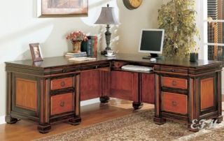 Two Tone Cappuccino Cherry Finish Wood L Shape Home Office Desk File Drawers