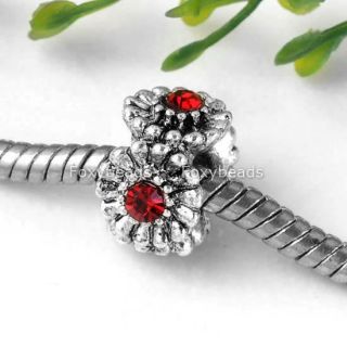 20pc Tibetan Silver Red Crystal Flower European Charm Spacer Bead