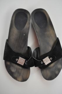 Chanel CC Wood Clogs Dr Scholls Black Sandals Women Shoes Suede Slides Size 42