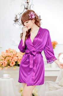 Hot Sexy Women's Satin Lace Robe Sleepwear Lingerie G String Robe Nightdress J