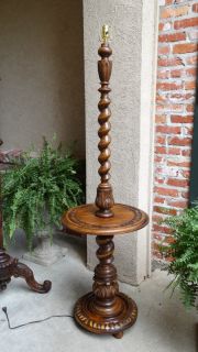 Antique English Floor Lamp End Table Oak Barley Twist Carved Table Light