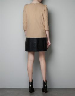 New Womens European Fashion Round Neck Splicing Faux Leather Dress Khaki B869