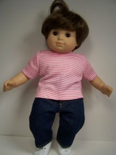 Blue Denim Jeans w Pink Stripe T Tee Shirt Doll Clothes Bitty Baby Girl Debs