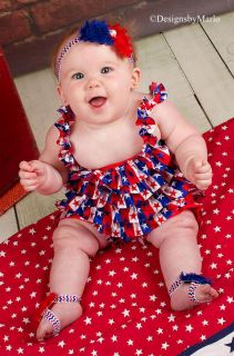 Barefoot Baby Sandals Headband Red White Blue 4th of July Patriotic Shabby Flowe