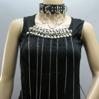 N12 Rock Men Women Heavy Ring Chain Black Leather Collar Choker Button Gothic