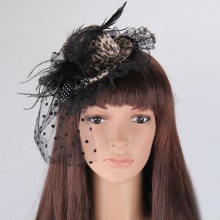 Feather Lace Veil Hair Clip Animal Leopard Prints Mini Top Hat Fascinator
