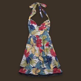Hollister Abercrombie Multi Color Floral Logo Flowy Halter Dress Cute Summer XS