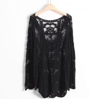 New Fashion Semi Sexy Sheer Sleeve Embroidery Floral Lace Crochet Tee Top