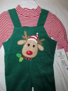 Baby Boy Girl Green Corduroy Reindeer Jumper w Striped Onsie 2pcs Set 6mo