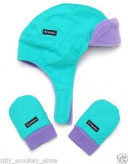 New Columbia Earflap Bomber Hat Mittens Set Infant Toddler Girls Aqua Purple