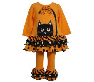 Bonnie Jean Girls Halloween Black Orange Cat Tunic Ruffles Dress Pant Set 4 6X