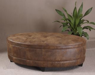 54" Circular Tan Leather Seating Storage Bench