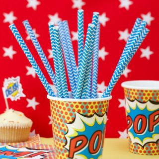 Pop Art Superhero Childrens Birthday Party Blue Chevron Paper Straws 25 Pack