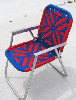 Vintage Red Blue Macrame Folding Aluminum Lawn Chair Geometric Hand Made
