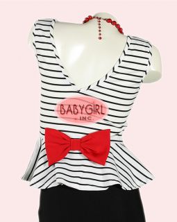 Broad Minded Trendy Retro Pinup Black White Striped Peplum Top Red Bow L