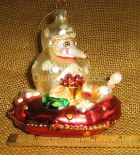 White Poodle Dog on Red Pillow Blown Glass Ornament New
