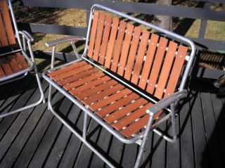 Mid Century Cedar Redwood Wood Slat Aluminun Patio Set 1 Bench 2 Chairs