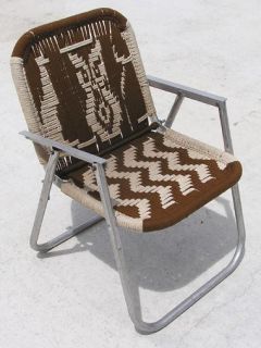 Vtg Handmade Macrame Folding Aluminum Lawn Chair w Owl Pattern Brown Beige