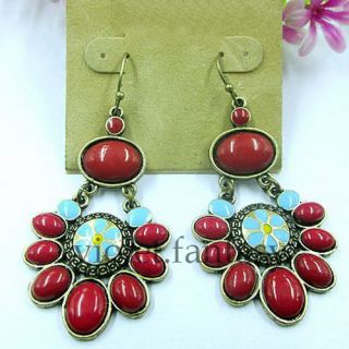 Faux Ruby Pendant Vintage Flower Jewelry Earring Bohemian Style Exquisite Red