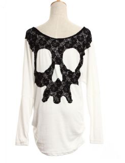 Girls Skull Letter Printing T Shirt Womens Clothes Sleeved Lace Both Side M7