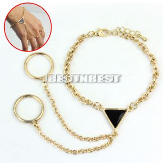 New Women Gold Tone Slave Chain Hand Harness Double Finger Ring Bracelet Bangle