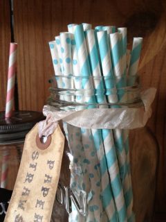 50 Vintage Style Aqua White Polka Dot and Striped Paper Straws Old Fashioned