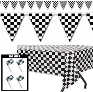 1 Racing Checkered Table Cover 1 Pennant Party Flag Banner 24 Cupcake Picks