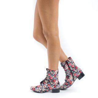 Hot Black Red Green Floral Lace Up Combat Ankle Bootie Low Heel Flat Boot 6