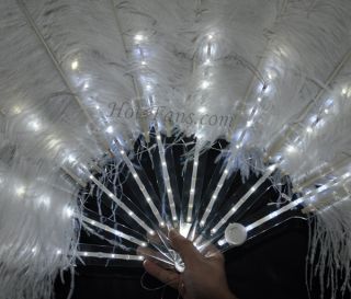 White Glittery LED Shine Bushy Double Ostrich Feather Fans Burlesque 28"x 53"