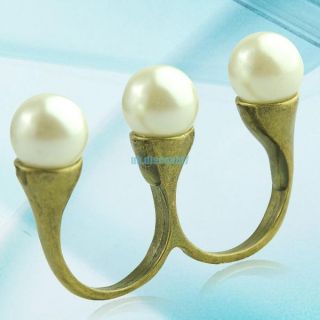 Fashion Antique Retro Style Three Pearls Two Double 2 Dual Fingers Holes Ring